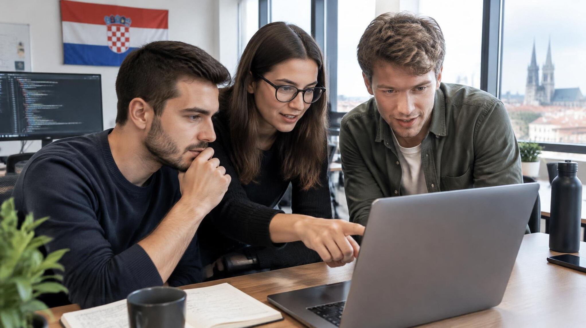 Small group of Croatian colleagues reviewing code together at a desk